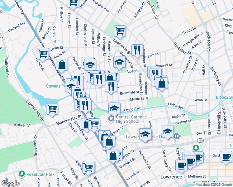 map of restaurants, bars, coffee shops, grocery stores, and more near 74 Walnut Street in Lawrence