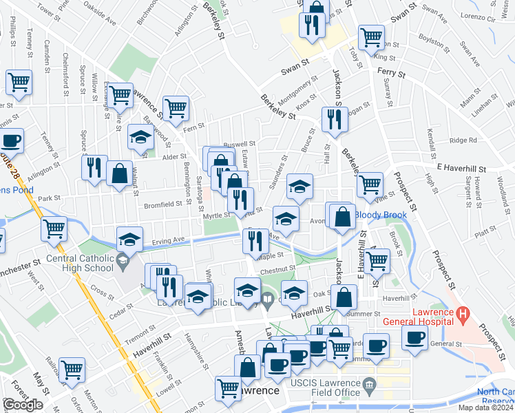 map of restaurants, bars, coffee shops, grocery stores, and more near 57 Fitz Street in Lawrence