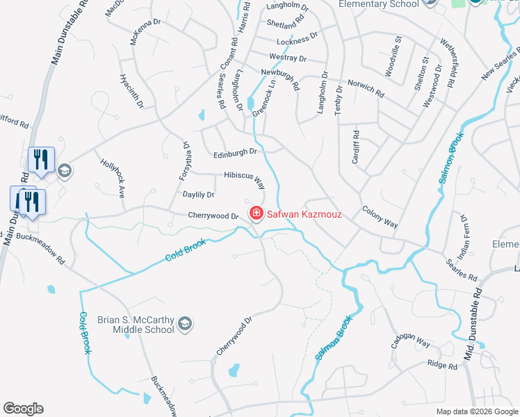 map of restaurants, bars, coffee shops, grocery stores, and more near 7 Hibiscus Way in Nashua
