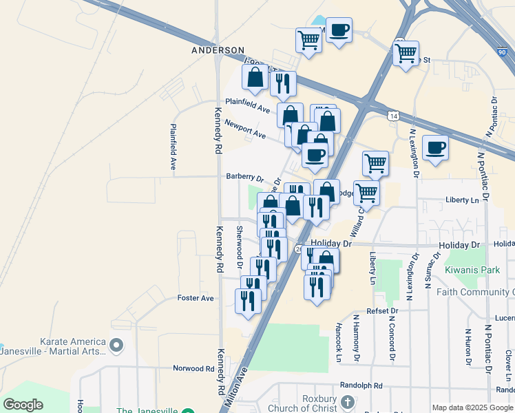 map of restaurants, bars, coffee shops, grocery stores, and more near 2713 Woodlane Drive in Janesville