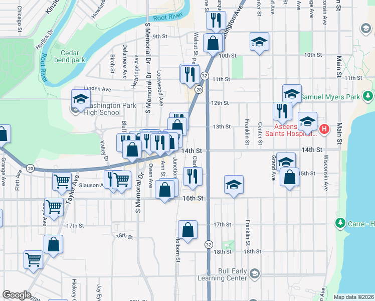 map of restaurants, bars, coffee shops, grocery stores, and more near 1310 14th Street in Racine