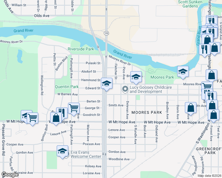 map of restaurants, bars, coffee shops, grocery stores, and more near 1028 West Barnes Avenue in Lansing
