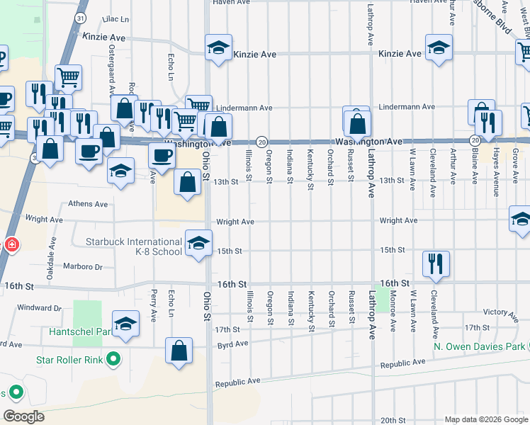 map of restaurants, bars, coffee shops, grocery stores, and more near 1346 Oregon Street in Racine