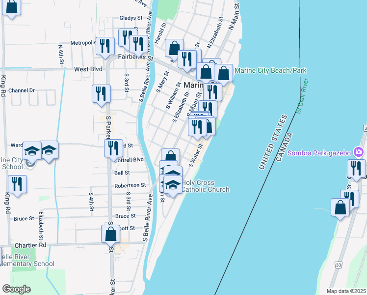 map of restaurants, bars, coffee shops, grocery stores, and more near 428 South Market Street in Marine City