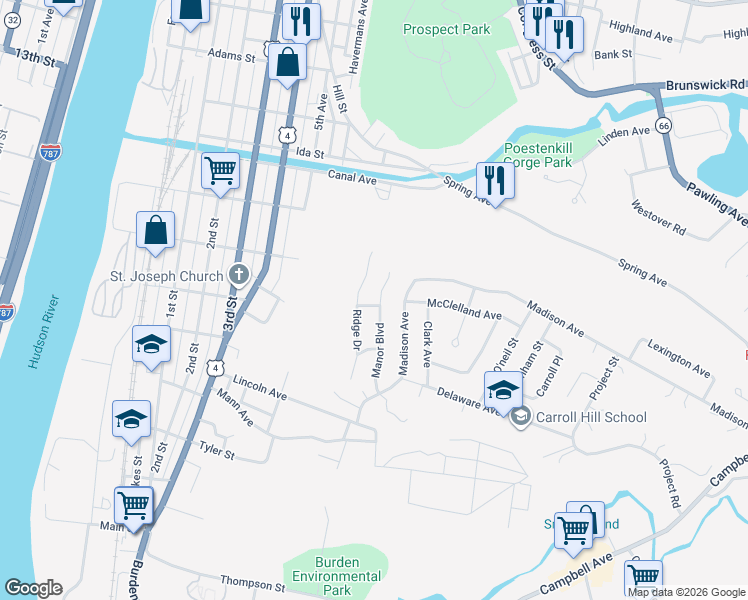 map of restaurants, bars, coffee shops, grocery stores, and more near 2 Marquis Court in Troy