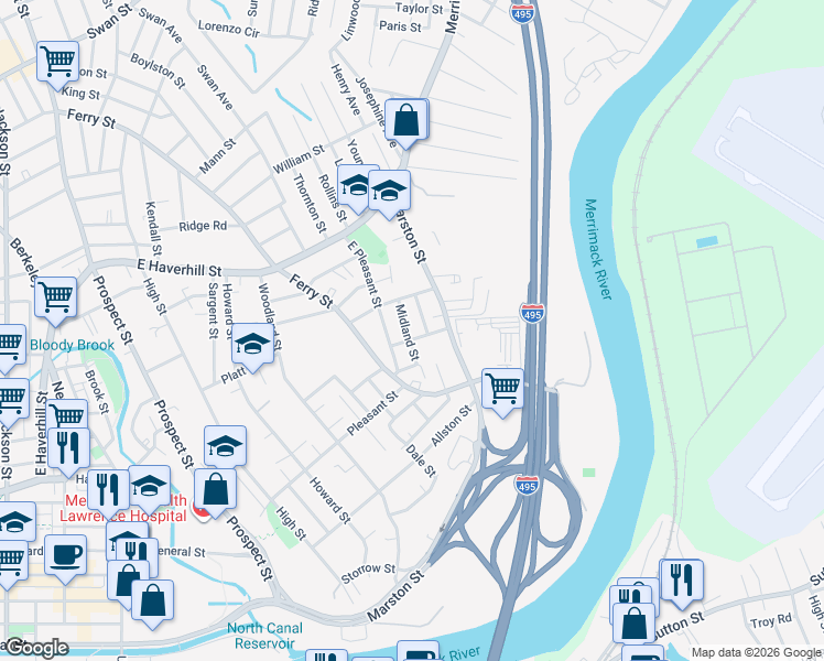 map of restaurants, bars, coffee shops, grocery stores, and more near 17 Brookline Street in Lawrence
