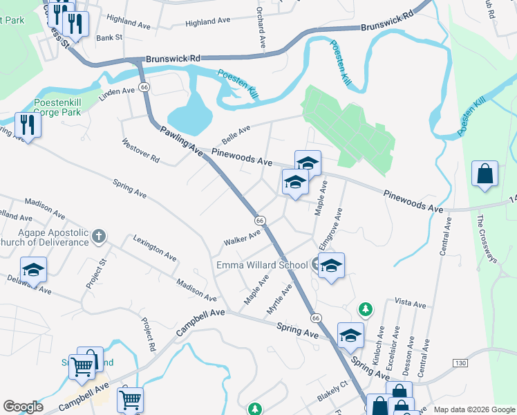map of restaurants, bars, coffee shops, grocery stores, and more near 215 Pawling Avenue in Troy