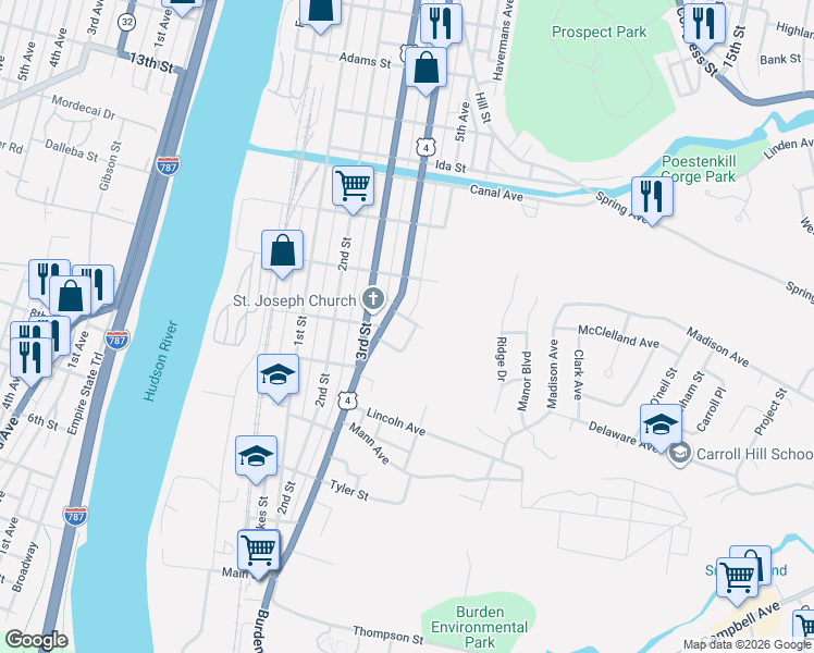 map of restaurants, bars, coffee shops, grocery stores, and more near in Troy