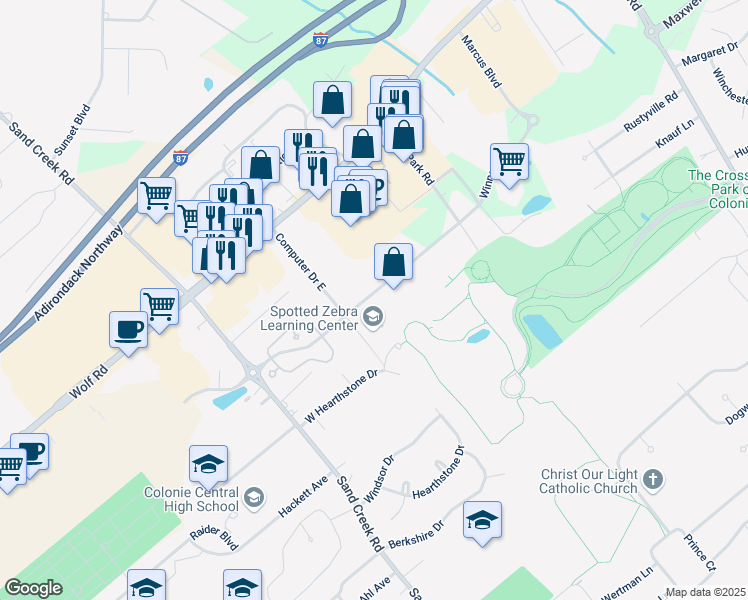 map of restaurants, bars, coffee shops, grocery stores, and more near 24 Aviation Road in Albany