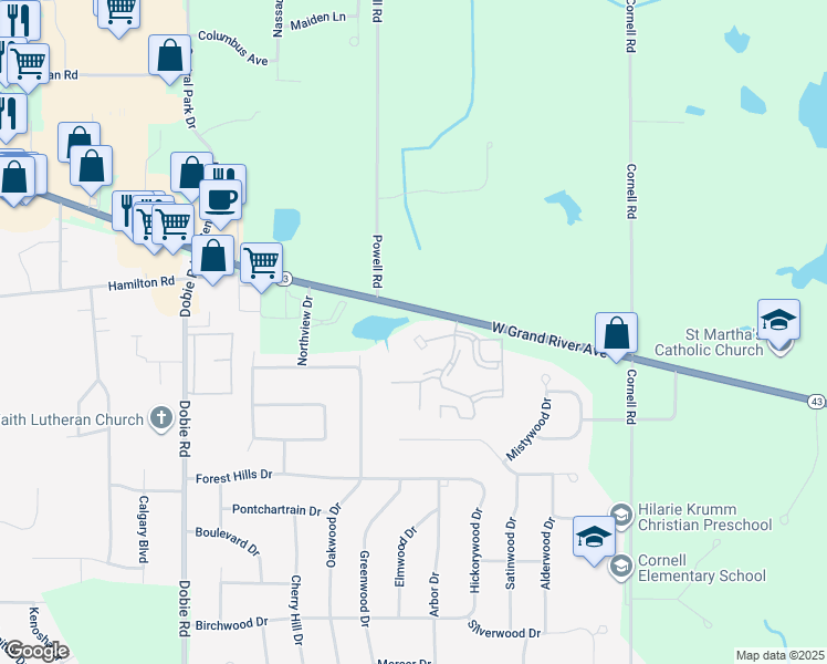 map of restaurants, bars, coffee shops, grocery stores, and more near 1457 East Pond Drive in Meridian charter Township