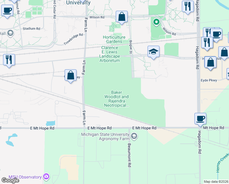 map of restaurants, bars, coffee shops, grocery stores, and more near in East Lansing