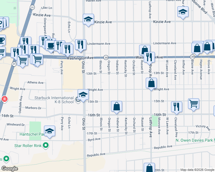 map of restaurants, bars, coffee shops, grocery stores, and more near 1346 Oregon Street in Racine