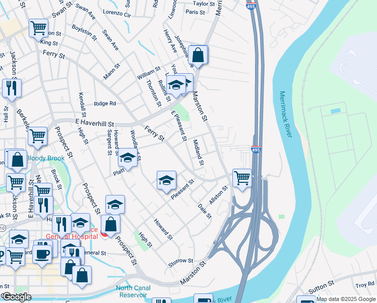 map of restaurants, bars, coffee shops, grocery stores, and more near 36 East Pleasant Street in Lawrence