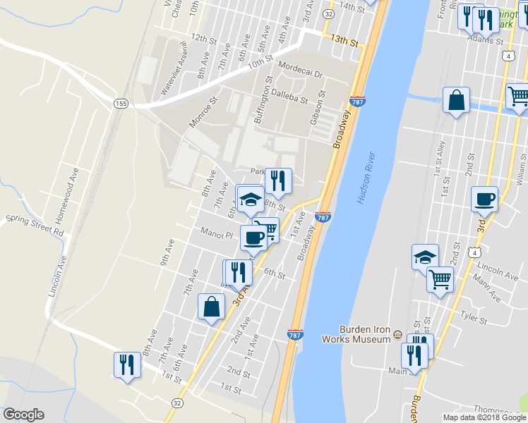 map of restaurants, bars, coffee shops, grocery stores, and more near 729 4th Avenue in Watervliet