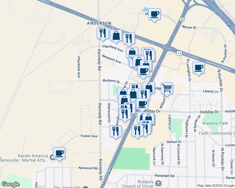 map of restaurants, bars, coffee shops, grocery stores, and more near 2723 Woodlane Drive in Janesville