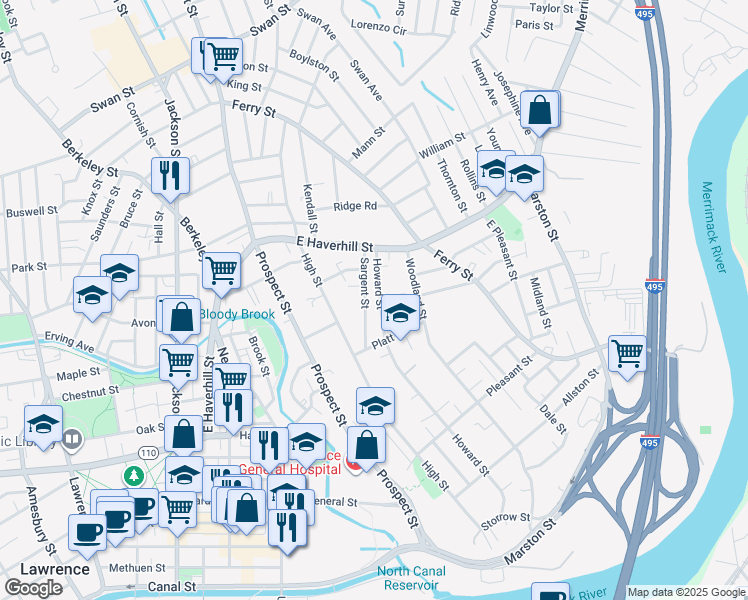 map of restaurants, bars, coffee shops, grocery stores, and more near 568 Howard Street in Lawrence
