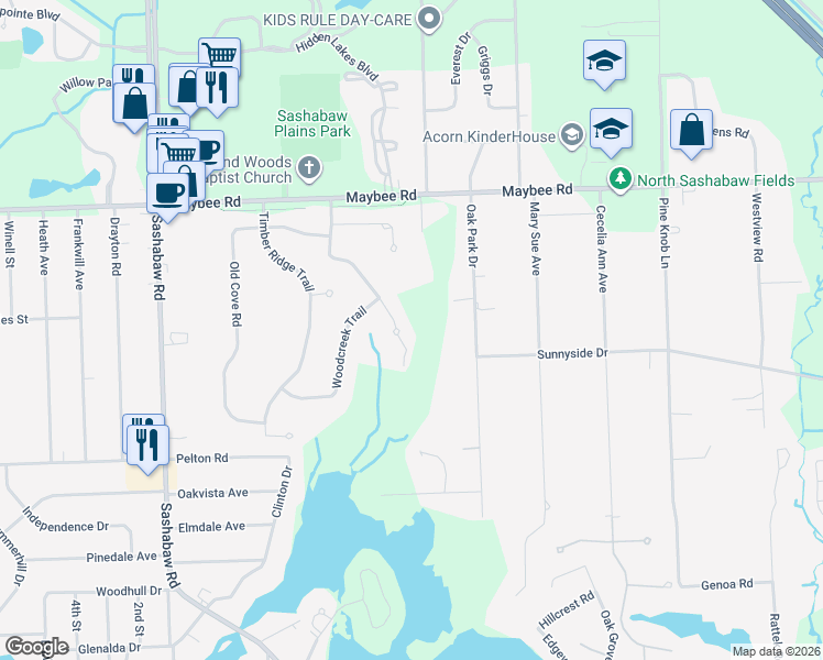 map of restaurants, bars, coffee shops, grocery stores, and more near 5306 Pheasant Run Road in Clarkston