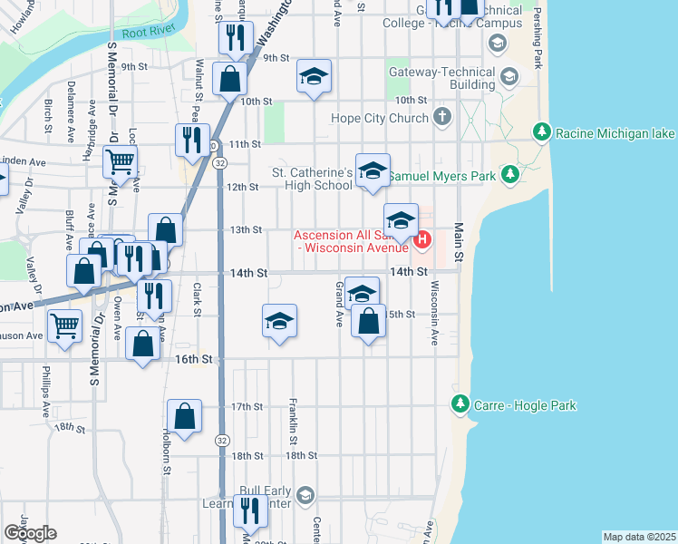 map of restaurants, bars, coffee shops, grocery stores, and more near Grand Avenue in Racine