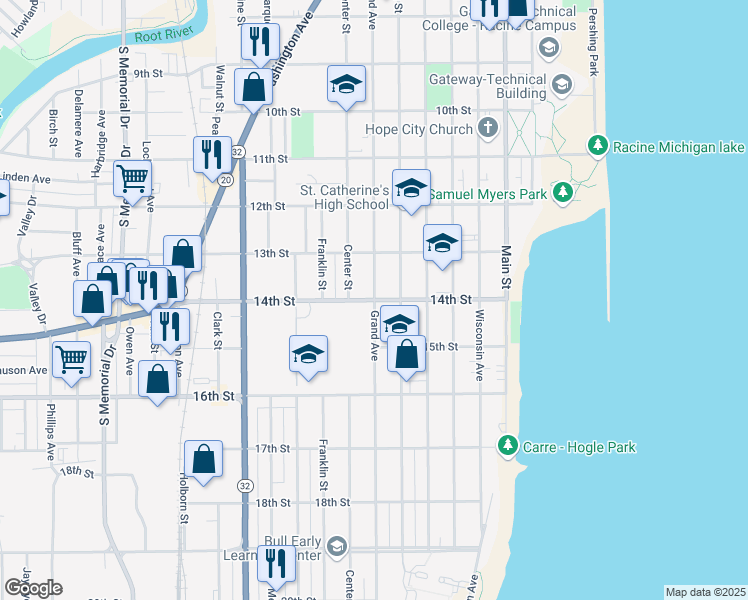 map of restaurants, bars, coffee shops, grocery stores, and more near Grand Avenue in Racine