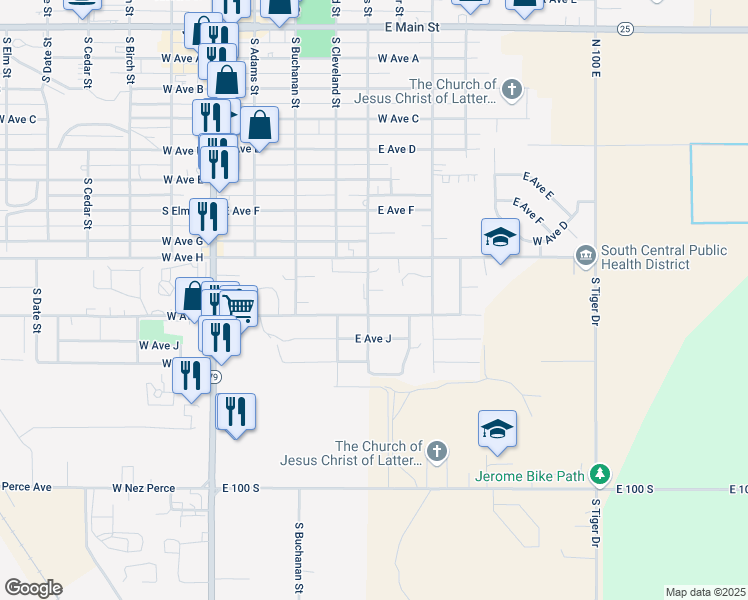 map of restaurants, bars, coffee shops, grocery stores, and more near 934 South Davis Street in Jerome