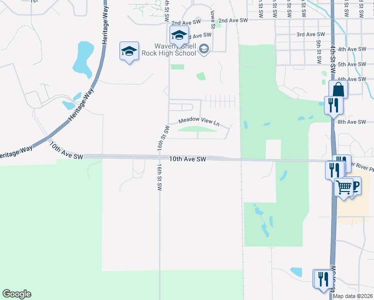 map of restaurants, bars, coffee shops, grocery stores, and more near 1400 10th Avenue Southwest in Waverly