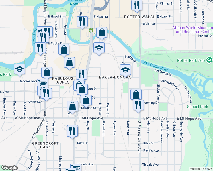 map of restaurants, bars, coffee shops, grocery stores, and more near 1530 Bailey Street in Lansing