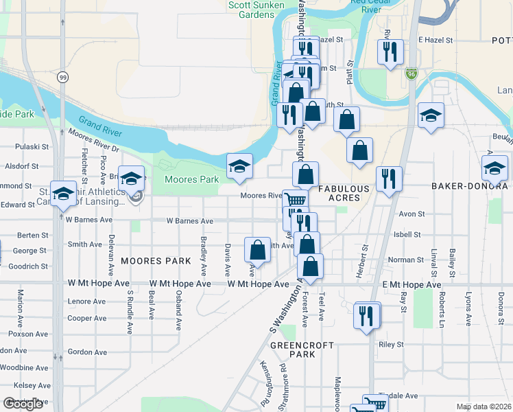 map of restaurants, bars, coffee shops, grocery stores, and more near 1611 Todd Avenue in Lansing