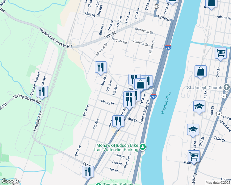 map of restaurants, bars, coffee shops, grocery stores, and more near 702 6th Avenue in Watervliet