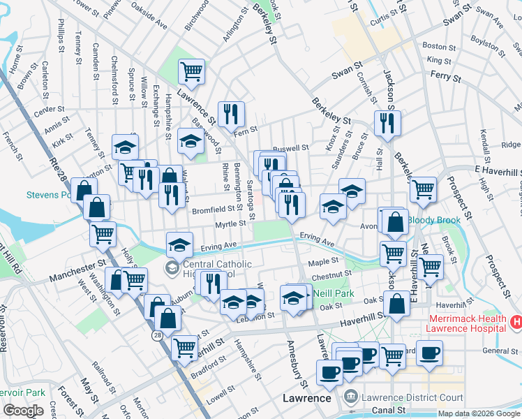 map of restaurants, bars, coffee shops, grocery stores, and more near 14 Bunkerhill Street in Lawrence