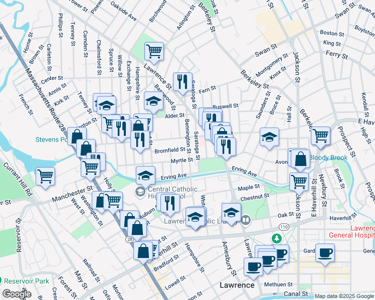 map of restaurants, bars, coffee shops, grocery stores, and more near 32 Bennington Street in Lawrence