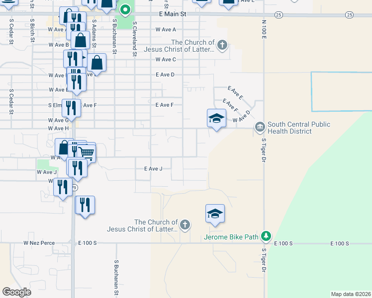 map of restaurants, bars, coffee shops, grocery stores, and more near 936 South Fillmore Street in Jerome