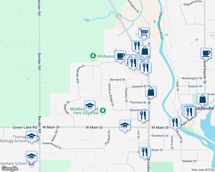 map of restaurants, bars, coffee shops, grocery stores, and more near 423 Seneca Ridge Drive in Middleville