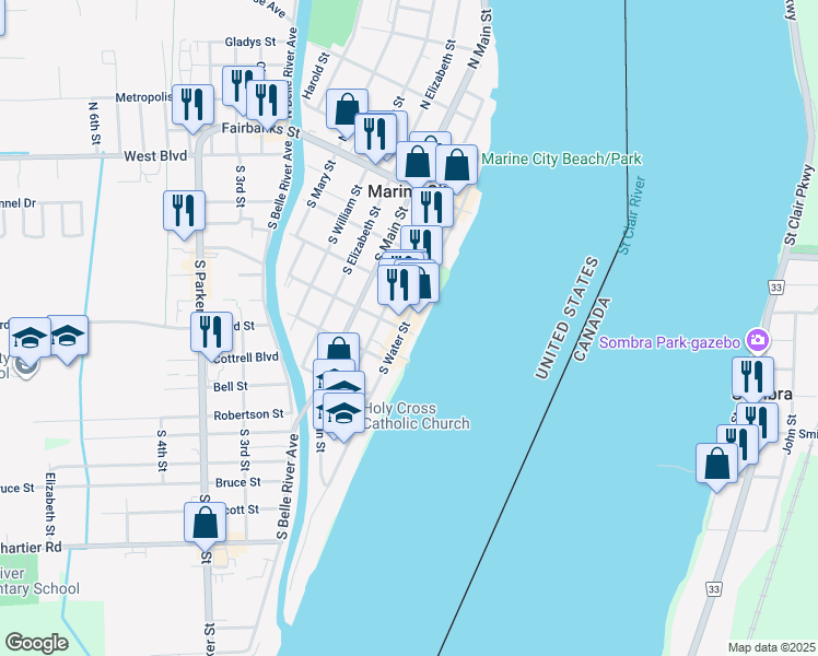 map of restaurants, bars, coffee shops, grocery stores, and more near 363 South Water Street in Marine City