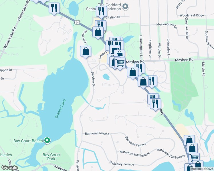 map of restaurants, bars, coffee shops, grocery stores, and more near 6955 Lancaster Lake Court in Clarkston