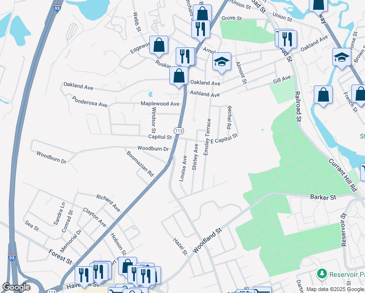 map of restaurants, bars, coffee shops, grocery stores, and more near 44 Louise Avenue in Methuen