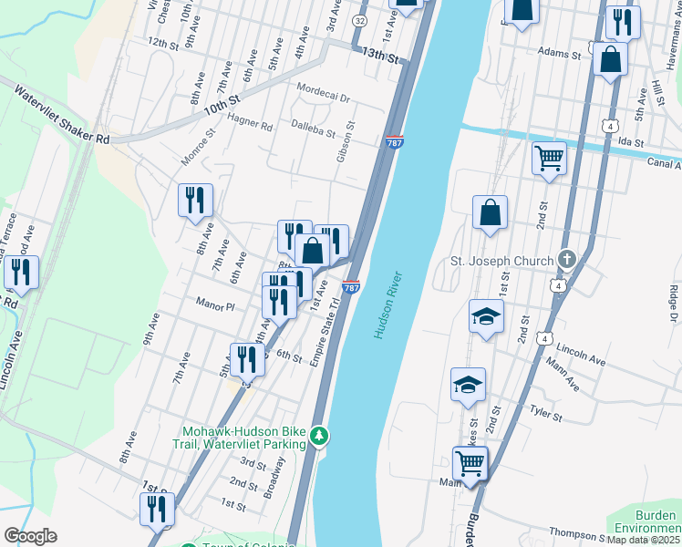 map of restaurants, bars, coffee shops, grocery stores, and more near 809 Broadway in Watervliet