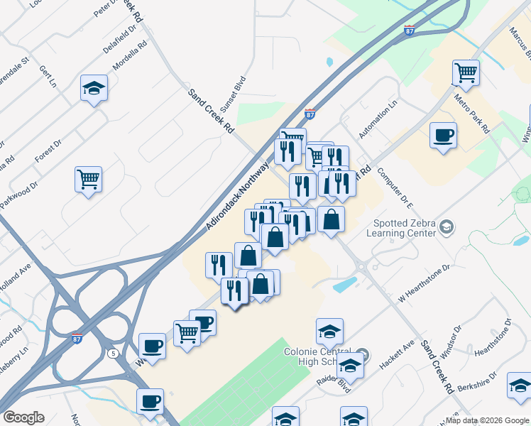 map of restaurants, bars, coffee shops, grocery stores, and more near 1 Park Place in Albany