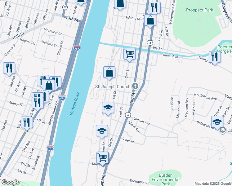 map of restaurants, bars, coffee shops, grocery stores, and more near 391 1st Street in Troy