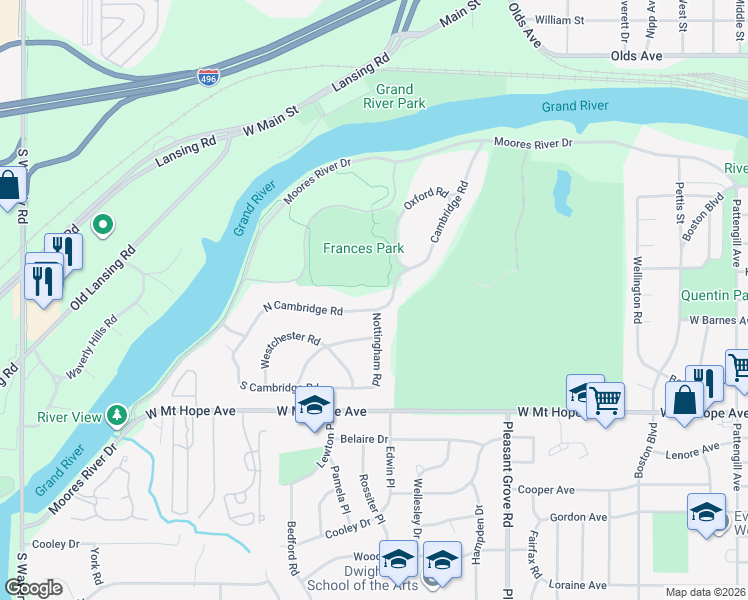 map of restaurants, bars, coffee shops, grocery stores, and more near 2730 North Cambridge Road in Lansing