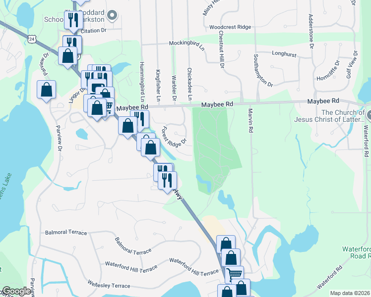map of restaurants, bars, coffee shops, grocery stores, and more near 6590 Forest Ridge Court in Independence charter Township