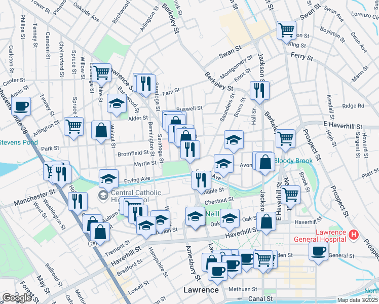 map of restaurants, bars, coffee shops, grocery stores, and more near 163 Lawrence Street in Lawrence