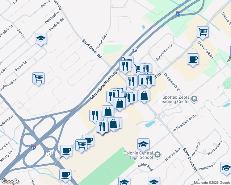 map of restaurants, bars, coffee shops, grocery stores, and more near 1 Park Place in Colonie