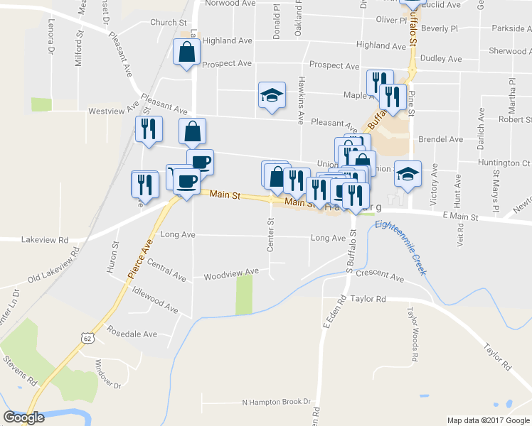 map of restaurants, bars, coffee shops, grocery stores, and more near 116 Main Street in Hamburg
