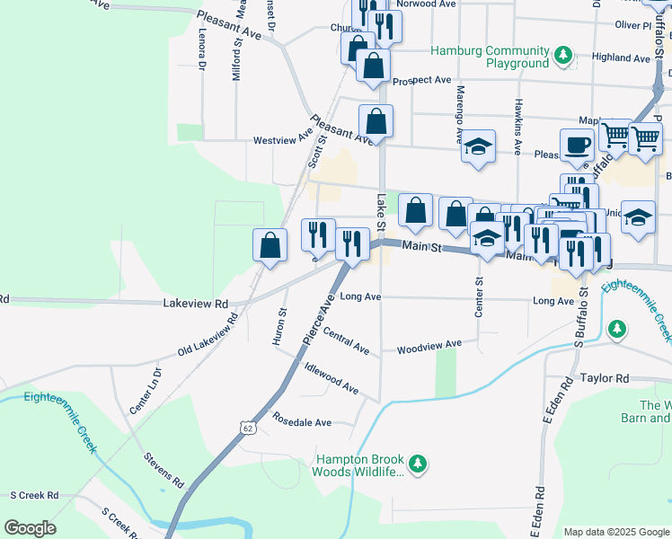 map of restaurants, bars, coffee shops, grocery stores, and more near 77 Pierce Avenue in Hamburg