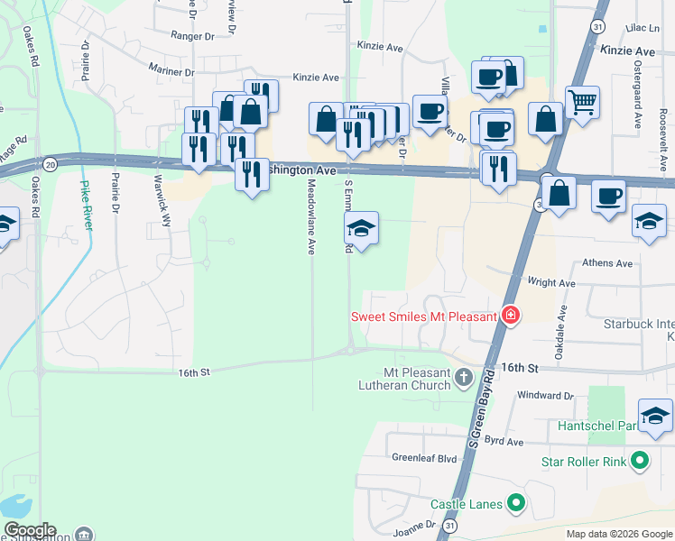 map of restaurants, bars, coffee shops, grocery stores, and more near 1411 Meadow Lane Avenue in Mount Pleasant