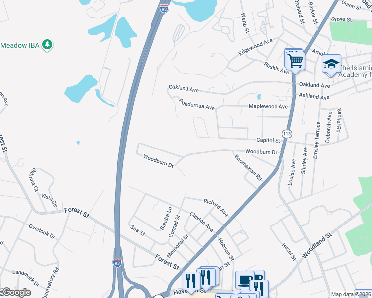 map of restaurants, bars, coffee shops, grocery stores, and more near 83 Woodburn Drive in Methuen