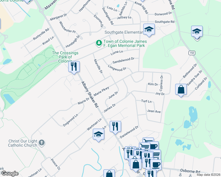 map of restaurants, bars, coffee shops, grocery stores, and more near 13 Marie Parkway in Albany