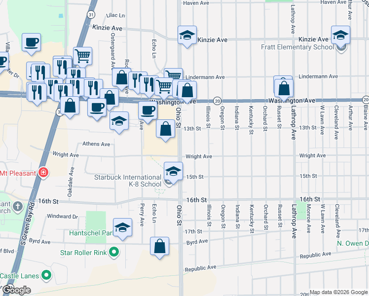 map of restaurants, bars, coffee shops, grocery stores, and more near 1347 Ohio Street in Racine