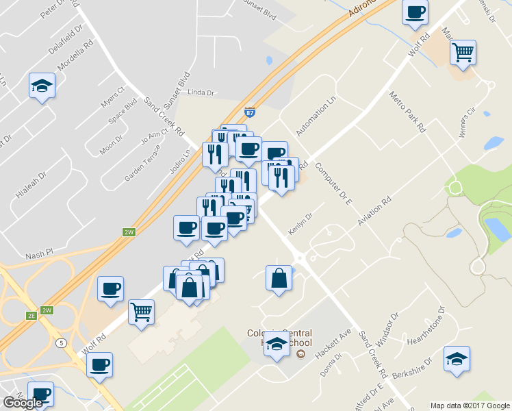 map of restaurants, bars, coffee shops, grocery stores, and more near Sand Creek Road in Colonie