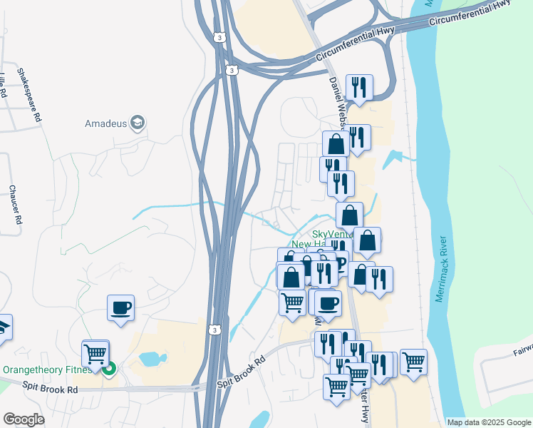 map of restaurants, bars, coffee shops, grocery stores, and more near 48 Royal Crest Drive in Nashua
